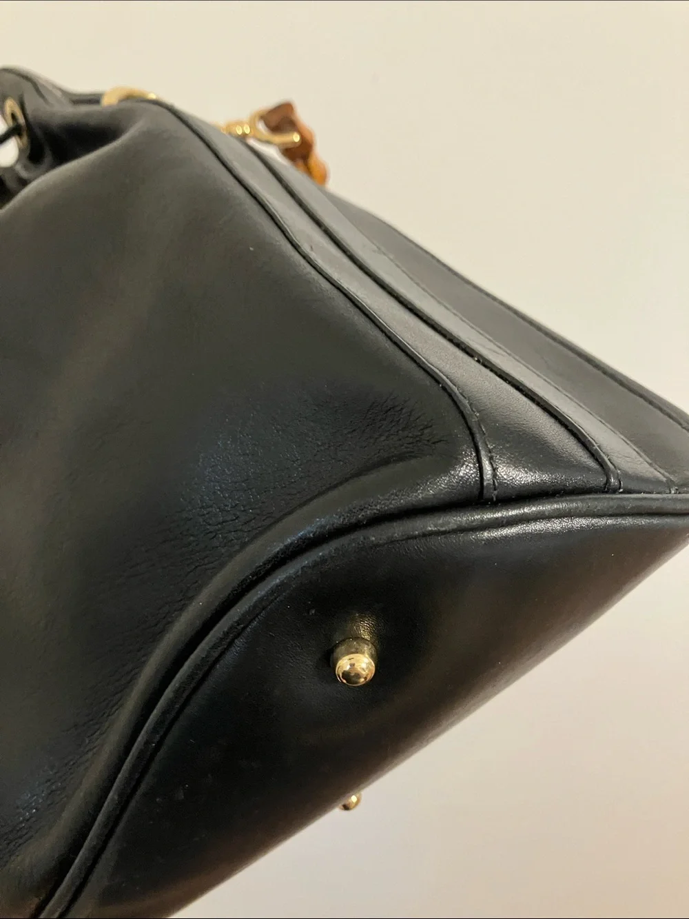Gucci Black Leather Drawstring Bucket Bag with Bamboo Handle